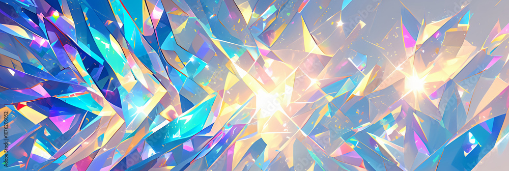 Poster an artistic representation of colorful crystalline formations shining in light, creating a vibrant a