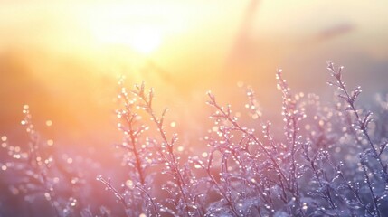 Delicate frost-covered plants illuminated by the warm glow of sunrise, creating a serene and magical atmosphere.