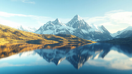 A breathtaking landscape of snow-capped mountains reflecting in a calm lake under a bright blue sky, emphasizing natural beauty for travel.