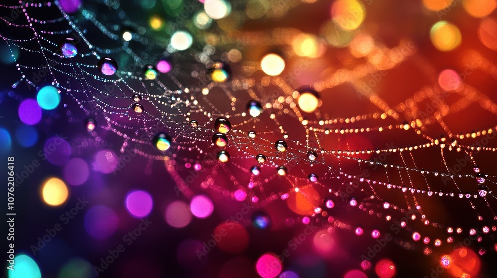 Poster a colorful spider web adorned with dew drops, creating a mesmerizing display of light and color.