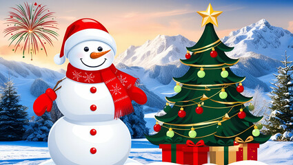 Obraz premium Happy Christmas, A Snowman with Christmas Hat on Snow Mountains, Generative Ai