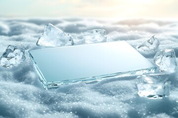 Obraz premium Reflective Glass Sheet Placed on Bright Snow with Ice Cubes Highlighting the Beauty of Winter Light and Tranquility in a Nature-Inspired Setting