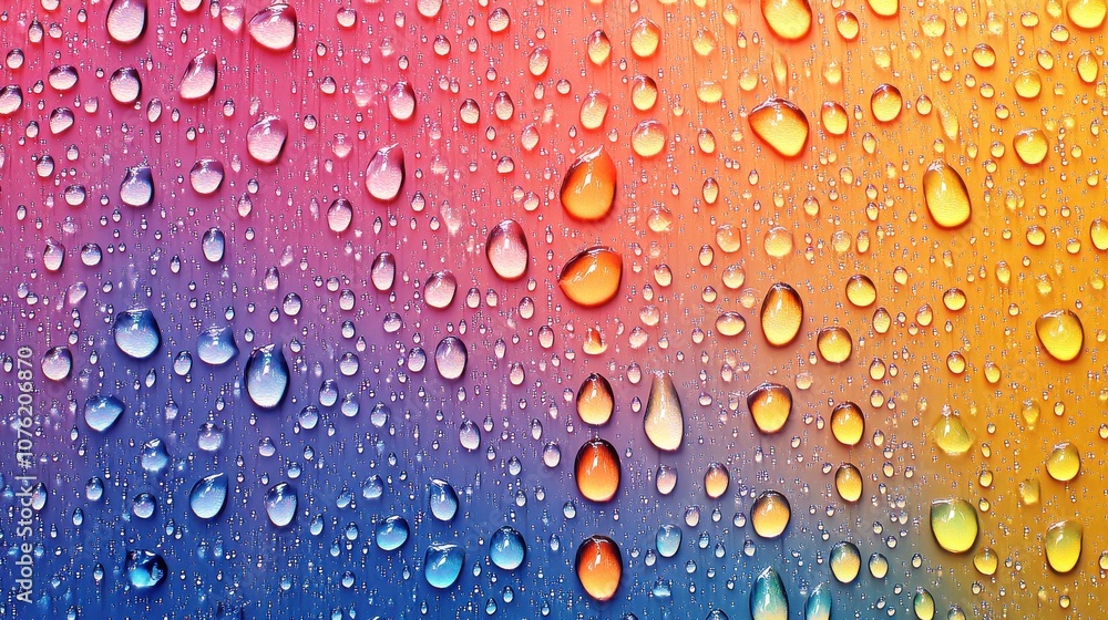 Poster Vibrant raindrops adorn a colorful gradient background, creating an eye-catching abstract pattern.