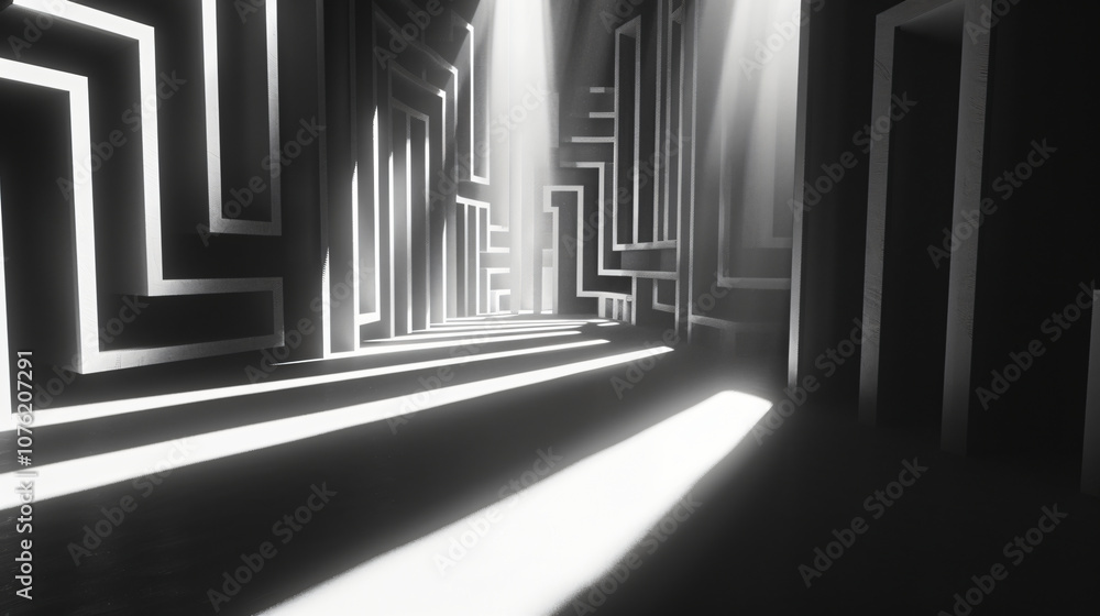 Poster a futuristic corridor illuminated by sharp white lines and beams of light, creating a modern abstrac