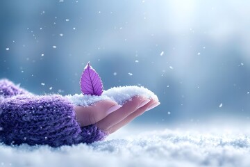 Delicate touch of nature in winter, showcasing a single purple leaf resting on a hand amid soft snowflakes falling in a serene snowy landscape capturing the essence of tranquility.
