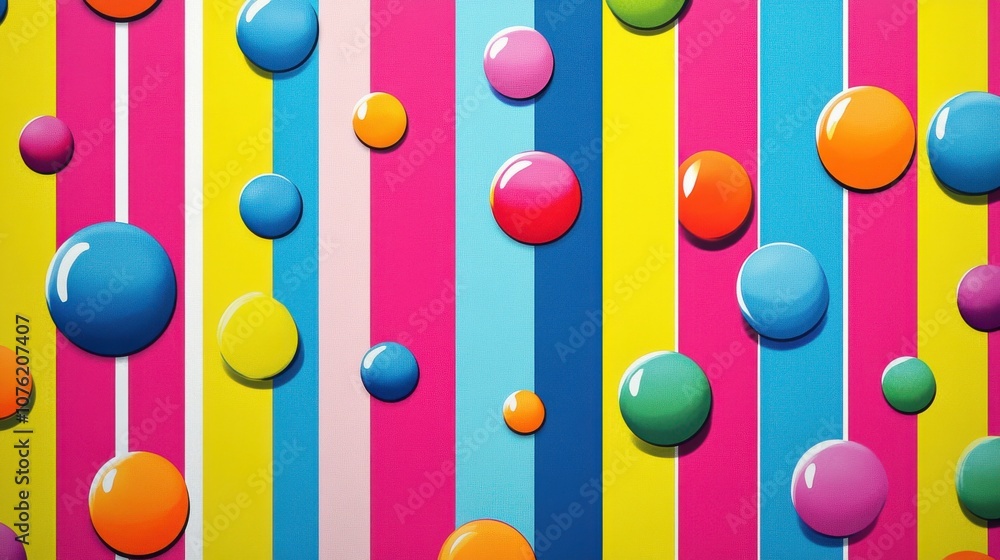Poster colorful abstract design with glossy spheres on vibrant striped background, creating a playful and c