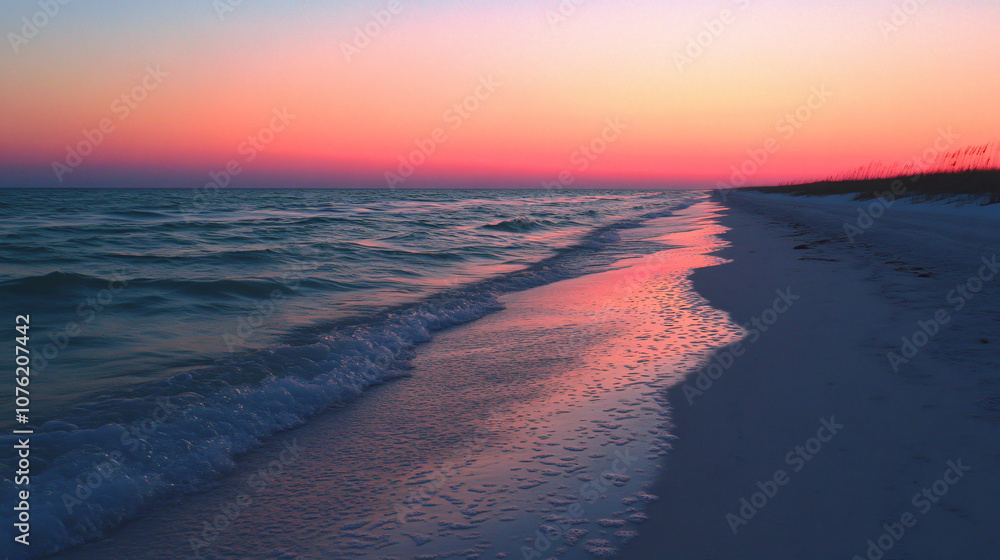 Poster a serene coastal view during twilight with soft waves lapping at the shore and a gradient sky, creat