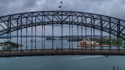 Aerial Drone view of Sydney Harbour bridge and Harbour foreshore Sydney NSW Australia
