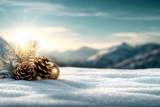 Beautiful winter scene with pine cones and golden ornament resting on snow, against a backdrop of majestic mountains and a shining sun creating a peaceful holiday atmosphere
