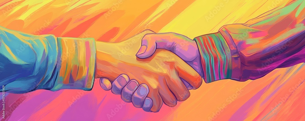 Poster a colorful handshake symbolizing unity and collaboration.
