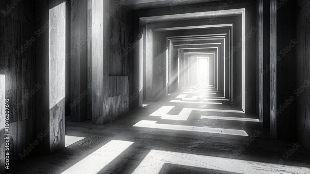 Poster a modern architectural space featuring stark lines and bright light streaming through, creating a vi