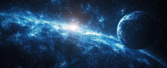 Fototapeta premium A Blue Planet Orbiting a Bright Star in a Starry Galaxy