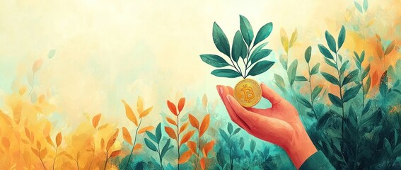 Obraz premium A Hand Holding a Bitcoin Coin Amongst Greenery