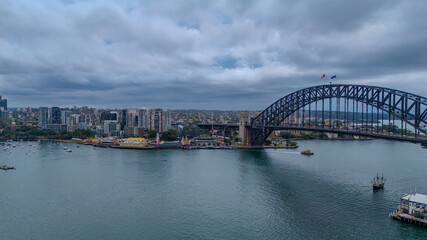 Aerial Drone view of Sydney Harbour bridge and Harbour foreshore Sydney NSW Australia
