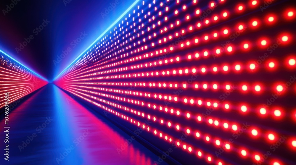 Poster dynamic abstract corridor illuminated with vibrant red and blue led lights, creating a futuristic at