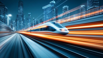 Fototapeta premium Futuristic Train Speeding Through Neon Cityscape
