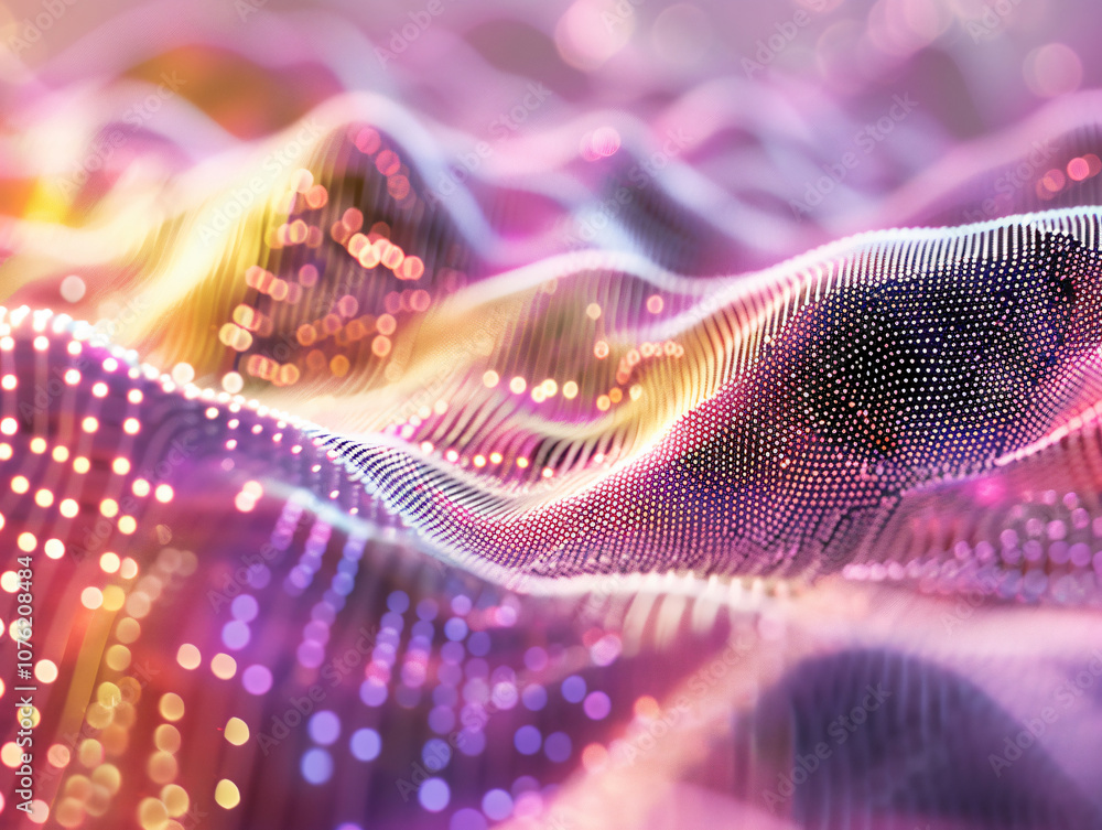 Poster a dynamic and colorful abstract representation of wave-like patterns created by vibrant dots, showca