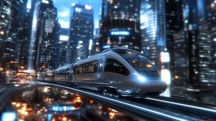 Fototapeta premium Futuristic Train Speeding Through Neon Cityscape