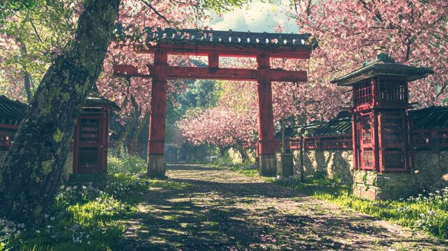 I want a photo realistic image of a park in japan with cherry blossoms on a sunny day. This has a mixture of solar punk and traditional japanesse structures.