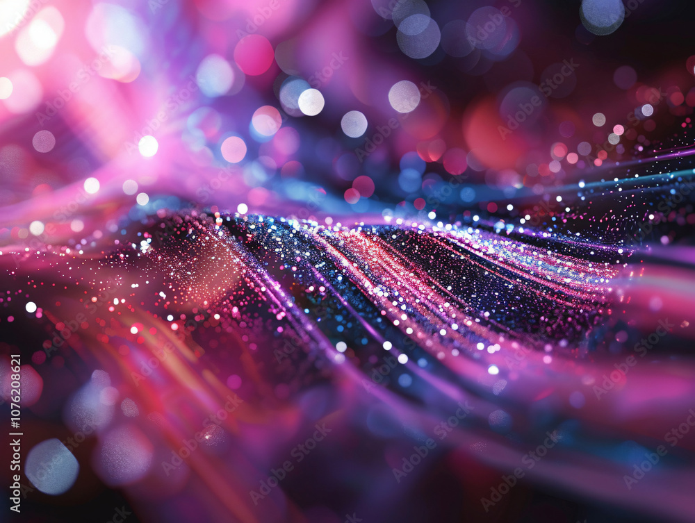 Poster a vibrant and dynamic abstract image featuring flowing lines and sparkling dots in a palette of pink