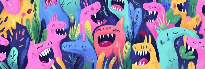 Colorful, whimsical creatures with exaggerated features in a vibrant, playful setting.