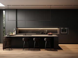 A modern kitchen with marble countertop, wooden cabinets, bar stools, and a potted plant, featuring minimalist design in neutral colors.