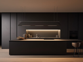 A modern kitchen with marble countertop, wooden cabinets, bar stools, and a potted plant, featuring minimalist design in neutral colors.