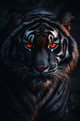 Obraz premium Stunning portrait of a black tiger with piercing eyes, capturing its majestic presence in a darkened forest at dusk. Generative AI