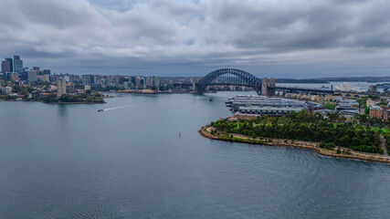 Obraz premium Aerial Drone view of Sydney Harbour bridge and Harbour foreshore Sydney NSW Australia