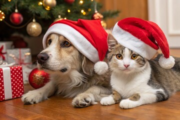 Christmas dog and cat in Santa hats, AI-generated photo on a wooden floor.