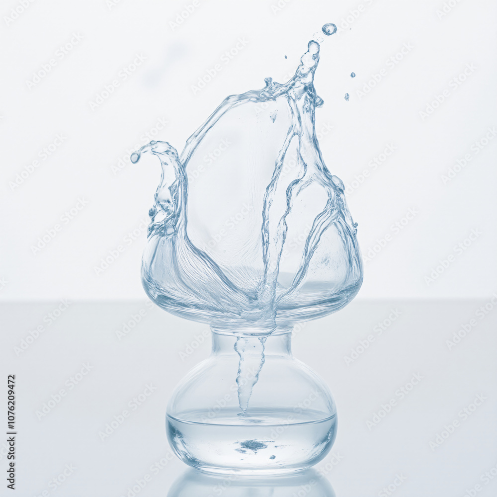Poster a splash of water erupts from a clear glass object, creating dynamic droplets against a minimalistic