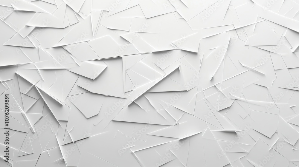 Poster abstract composition of interlaced white geometric shapes, creating a textured surface with depth an