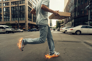 Pizza delivery guy runs in burning sneakers.