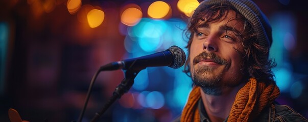 Young man singing song into microphone in bar close up, live music