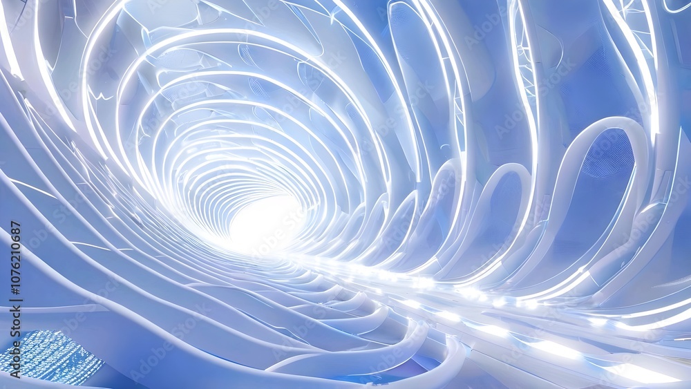 Poster abstract blue background with swirling wave patterns and 3d ripples, featuring a circular vortex des