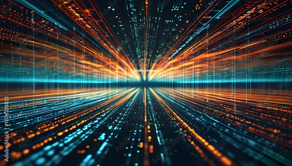 Poster a vibrant and futuristic abstract background with glowing blue patterns and streaks of light, resemb