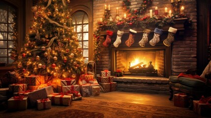 enchanting christmas scene with a majestic fir tree adorned in twinkling lights and ornaments cozy fireplace with stockings and beautifully wrapped gifts scattered beneath the tree