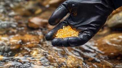 Gloved hand clutching gold nuggets in a riverbed, symbolizing mining. Close-up of shining particles on the black glove, with flowing water and rocks softly out of focus