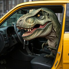 Tyrannosaurus rex in the car. High quality image. Ai generated.
