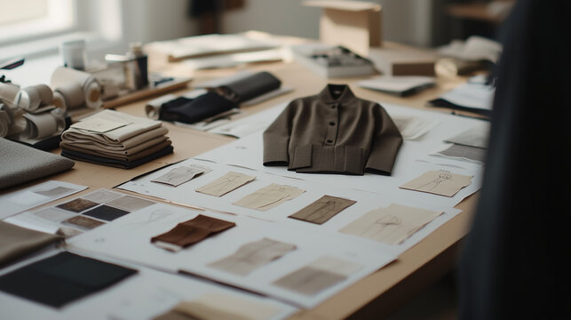 Fashion Sketches on Inspiration Board with Fabric Swatches and Samples