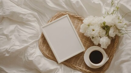Cozy Scene with Blank Frame, Coffee Mug, and White Flowers on a Soft Bedspread, Ideal for Home Decor and Lifestyle Themes