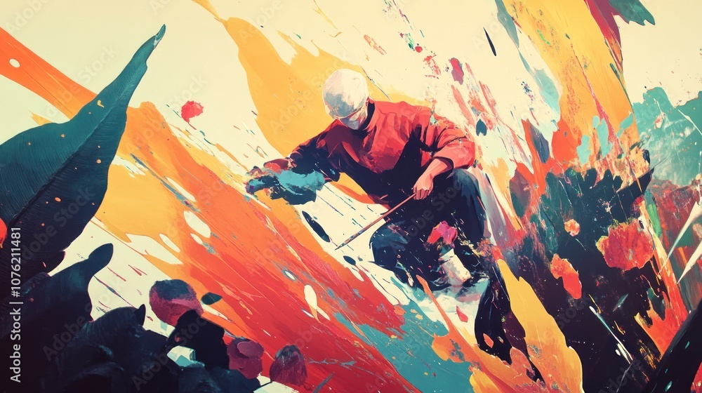 Poster a vibrant scene of a person creating art amidst a splash of colors and dynamic movement.
