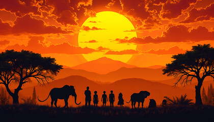 Silhouetted figures of people and elephants against a vibrant sunset, highlighting the beauty of nature, copy space
