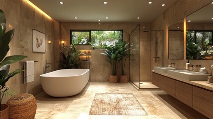 Fototapeta premium Modern bathroom with natural elements and elegant design.