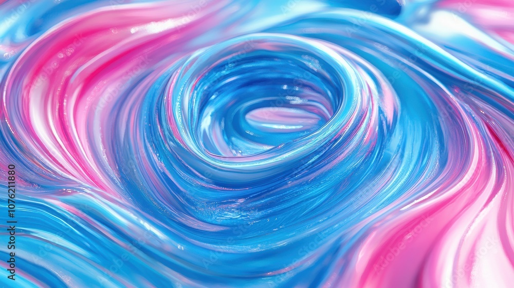 Poster a close-up view of swirling blue and pink paint, creating a mesmerizing, abstract pattern with a glo