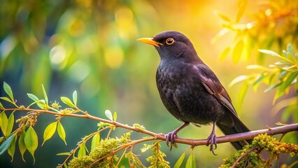 Eurasian Blackbird Perched on Willow in English Landscape, Panoramic View
