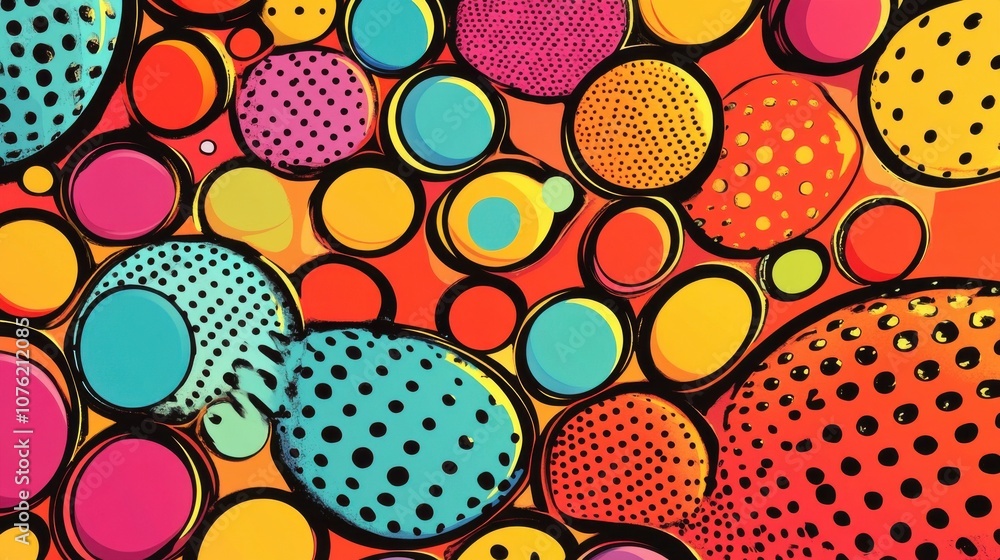 Poster vibrant abstract illustration featuring colorful polka dot patterns in various sizes on a bright bac
