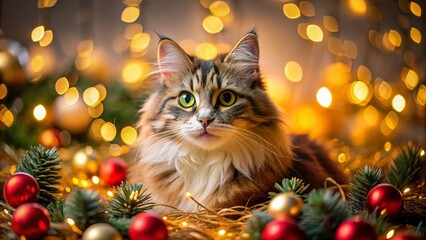 Festive cat silhouette, holiday charm.  A cute Christmas pet.