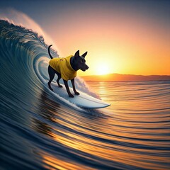 Sweet dreams. Creative art collage with funny beagle dog surfing on surfboard on huge wave in ocean or sea. Concept of fashion, animal, care, love and sport, adventures. Poster for ad, text. High