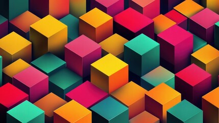 Obraz premium A vibrant arrangement of colorful 3D cubes in various sizes, creating a dynamic and energetic visual effect.